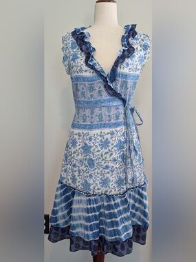 Diane von Furstenberg DVF Judette Blue Mixed Print Wrap Dress Size 2